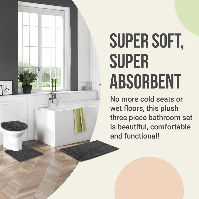 ITSOFT 3pc Non-Slip Shaggy Chenille Bathroom Mat Set, Includes 24 x 21 Inches U-Shaped Contour Toilet Rug, 34 x 21 Inches Bathmat and 1 Toilet Lid Cover, Spa Blue - Image 4